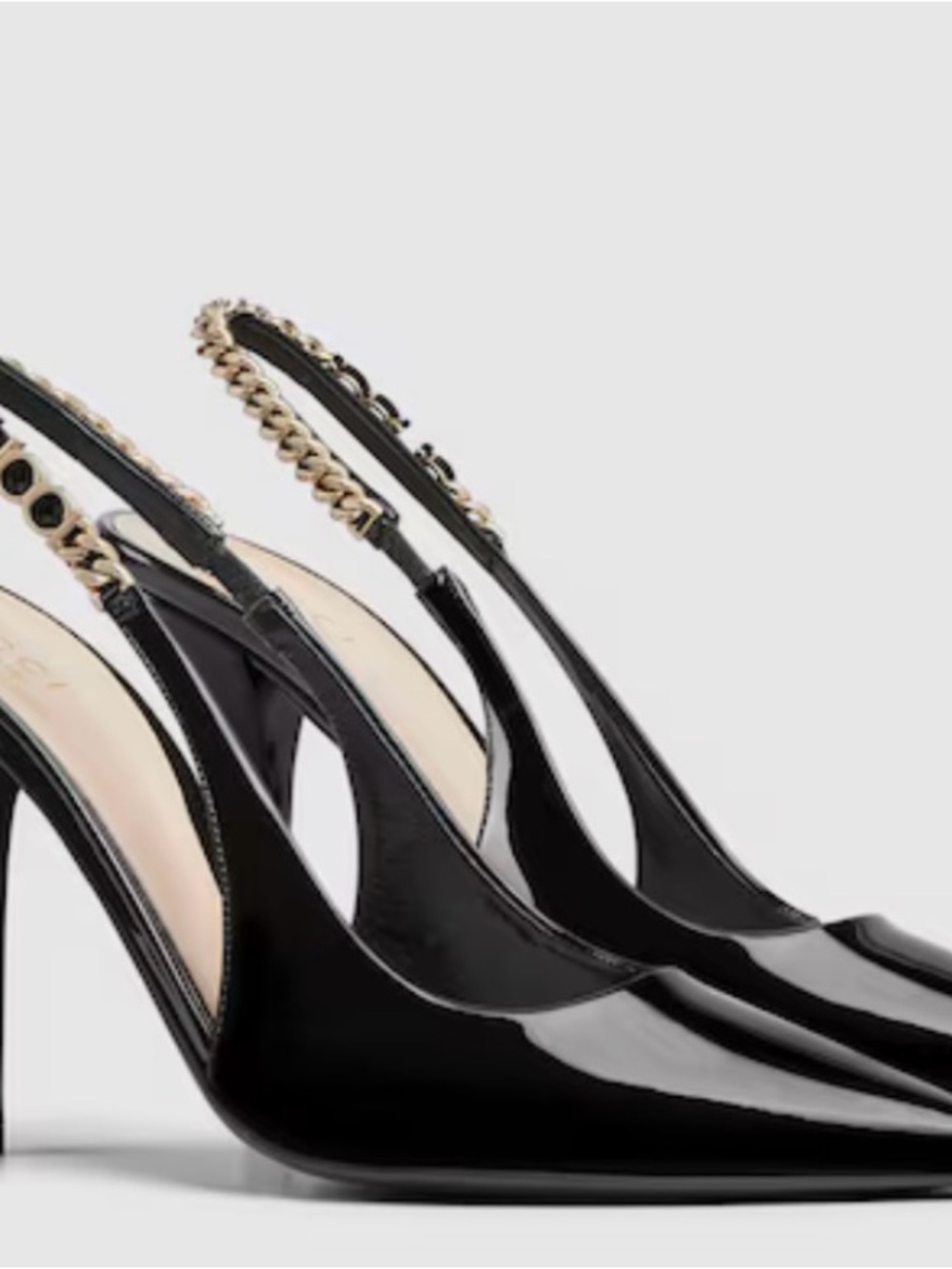 Elegant Black Patent Slingback Pumps with Gold Chain Detail